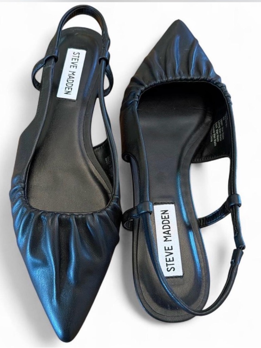 Steve Madden black ruched pointed toe flat sling backs in a size 8.